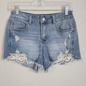 Altar'd State Distressed Lace Accent Stretchy Medium Wash Denim Shorts Size 26